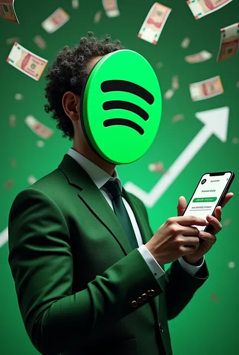 **Create an image where a realistic-looking man is shown with only the upper half of his body visible. The mans head is replaced with the Spotify logo, but the rest of his appearance should be lifelike. He is dressed in a green suit and is holding a mobile...