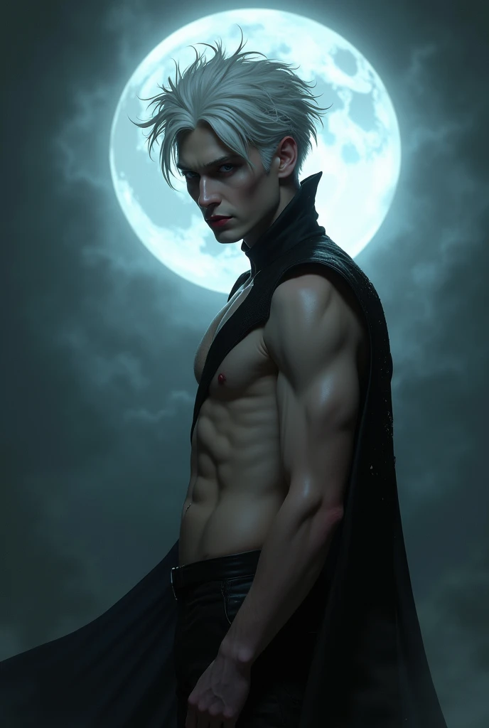 Sexy withe haired vampire with no shirt posing deviously with a shining moon on the background