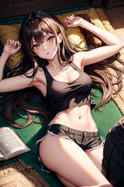 Draw a female character with long black hair reaching her waist and light brown eyes. Thin with small breasts and a big, perky butt. Character is lying on the living room carpet reading a magic book wearing black shorts and a black tank top. Lying on her b...