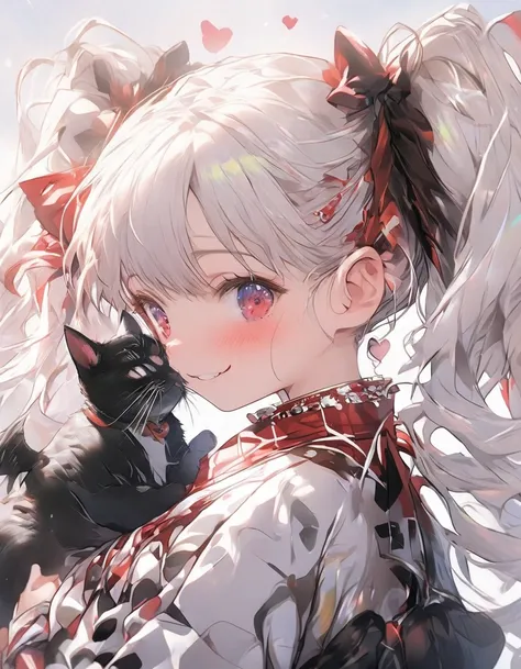 masterpiece、10 year old girl、White Hair、twin tail、ribbon、short hair、red and black gingham check outfit、smile、Focus on the face, heart background
