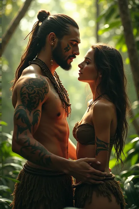 A hot girl in a jungle with a tribal man 