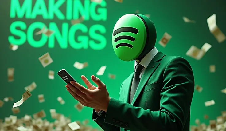 **Create an image where a realistic-looking man is shown with only the upper half of his body visible. The mans head is replaced with the Spotify logo, but the rest of his appearance should be lifelike. He is dressed in a green suit and is holding a mobile...