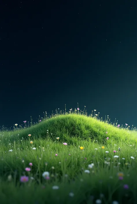 A small hill of grass with a few flowers growing on it in the universe　Realistic feel