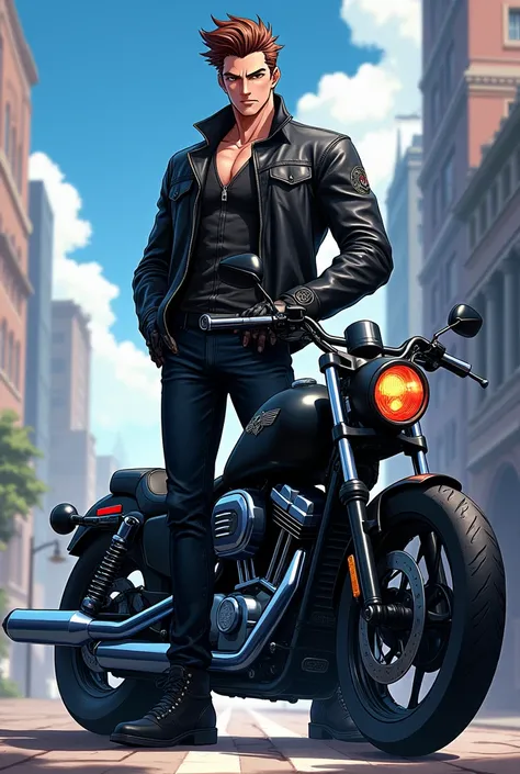 Anime Hot tall cute biker guy standing side of bike