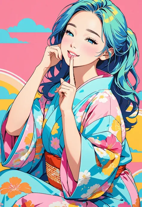 (masterpiece, best quality:1.1), (ultra highres, ultra-detailed:1.2),pop-art,(pastel color,flatcolor),girl doing hush pose,(colorful yukata),(index finger to her mouth),she has one eye closed,wink,(blink:1.2),simple background,minimal design,BREAK 15yo,ame...