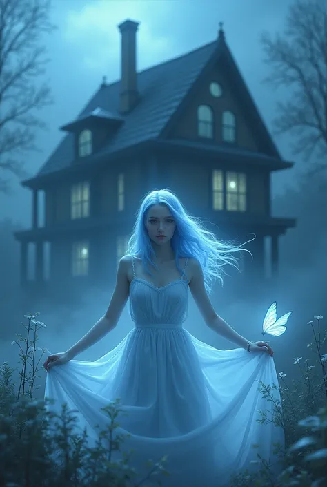 Sky blue aesthetic butterfly beautiful girl scary house magic 