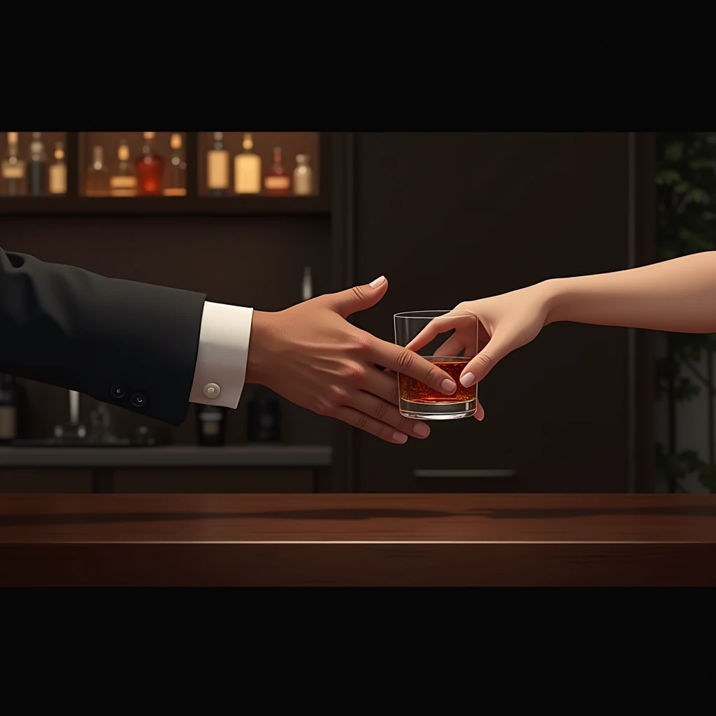 Bar counter, mans hand in a suit, female bartenders hand handing over a rock glass, female bartenders bare arm