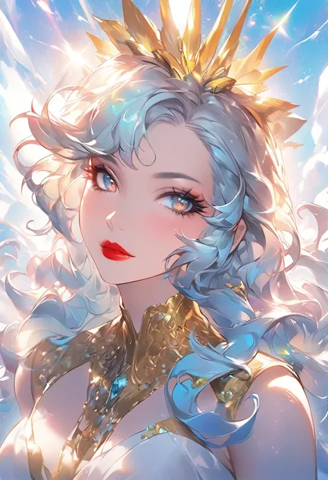 Light blue hair, turquoise eyes, long eyelashes, big red lips, apricot eyes, beauty, girly, curly hair, princess, wearing Yellow dress, yellow glitter ✨, full body portrait, comic illustration in the style of Jim Lee --ar 2:3 --v 6.0 designed digital art, ...