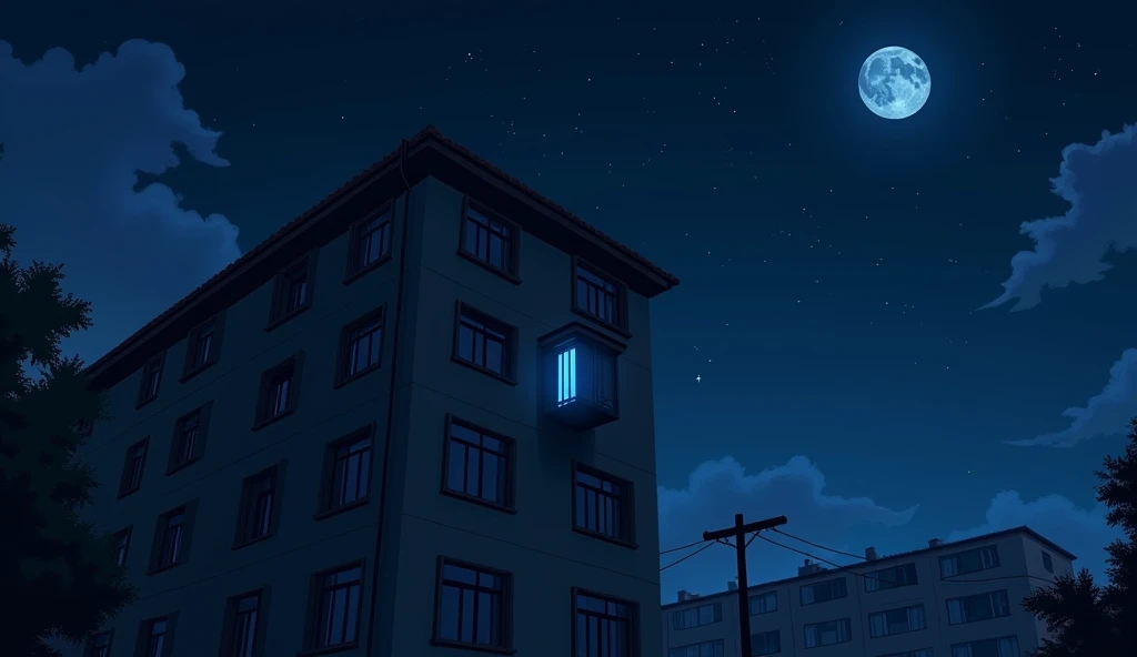 A four-story apartment building,Residential Street,City,midnight,Starry Sky,moon,a single window with a blue light on,The other windows are dark.,Anime Style, Drone photography,High resolution, Anti-aliasing