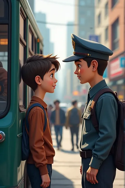 A boy talking to a bus conductor. The age of the boy should be 14 to 15 years. Both should look at each other and talk.