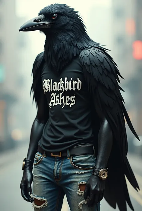 Crow wearing ripped jeans and a black T-shirt that says "Blackbird Ashes"