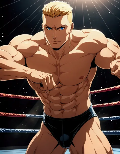 1guy, solid dude, gallant beau, blonde, tsurime, sanpaku, blue eyes, spiked crewcut, 24yo, heavy weight muscular, handsome westler, BREAK ideal ratio body proportions, stocky waist, sharp eyes, beautiful detailed eyes, toned body, elder chinpira, dark pupi...