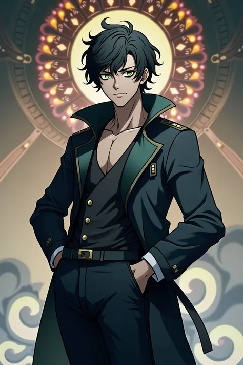 a handsome anime man with green eyes, slightly furrowed brows, short messy black curly hair, a slim but muscular build with beautiful muscle lines, dark circles under his eyes, 178cm tall, wearing a black japanese-style coat with a black inner layer, (best...