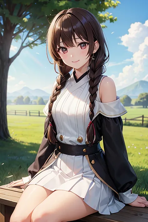 Yuno Shimazu、Shiny brown hair,Long Hair,  、((2 braids:1.5、Hair that falls over the shoulders)),Beautiful brown eyes、Sparkling eyes, Fine grain、smile、Ultra-detailed eyes、Highly detailed face, Highly detailed eyes,Cowboy Shot、

 

masterpiece, Highest qualit...