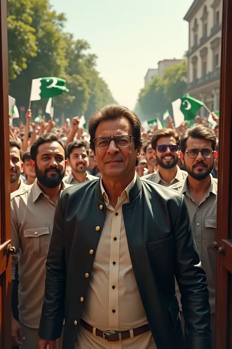 Generate a picture of imran khan from releasing the Jail and pakistani are welcoming him