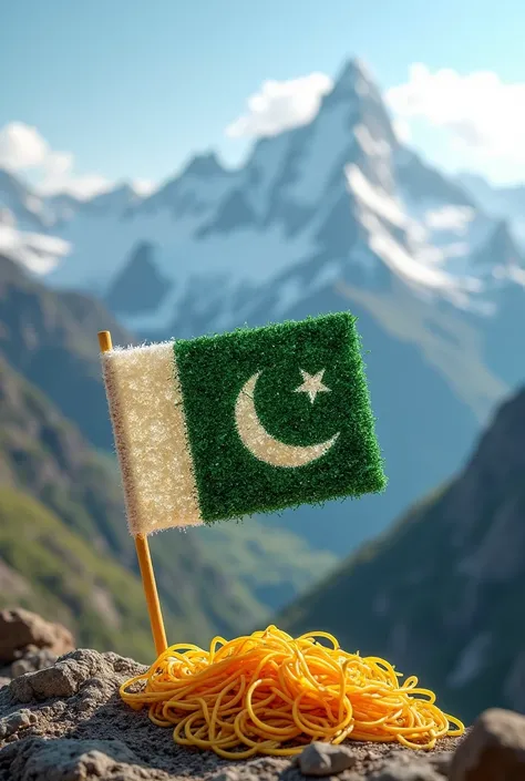 Create a art of Pakistani flag on mountain with noodles and flag is made from noodles make it like a camera phone photo