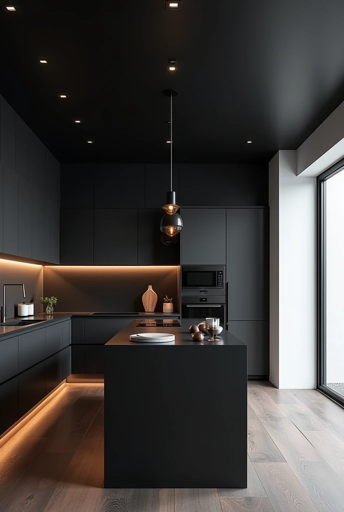 Black floor、Black drop ceiling、Black island kitchen、Gray Wall、Wood flooring and white walls except for the kitchen