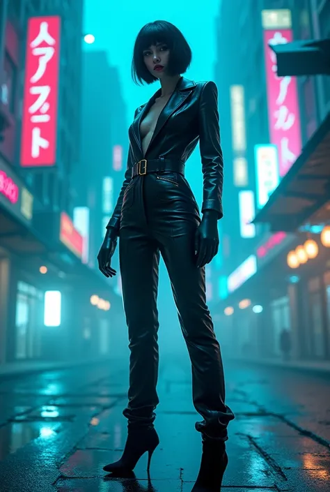 Best quality, Depth of field, blue/white color theme, leather suit,, Beautiful face and skin, Single woman, Cyberpunk city, standing, From above, Short hair, Glossy lips, Shiny eyes, Slanted eyes, High heels, Model pose, Dynamic pose, broken background, Ne...