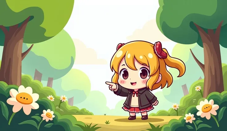 masterpiece, high quality, rpg character, cute chibi girl pointing at one direction, vector, white background, no background, Forest Background
A vibrant, stylized forest with a bright green canopy and simplified, rounded tree shapes. Use bold, flat colors...