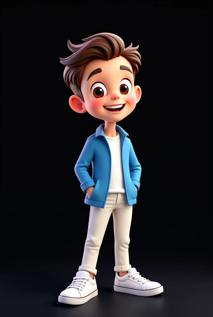 Black background,a cartoon boy,slim boy,wearing white pant,blue shirt,white shoe, handsome hair, smiley face