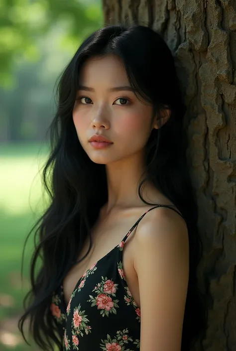 a hot girl ,with black hairs 20years age, standing beside a tree , for youtube vedios ,hyper realistic