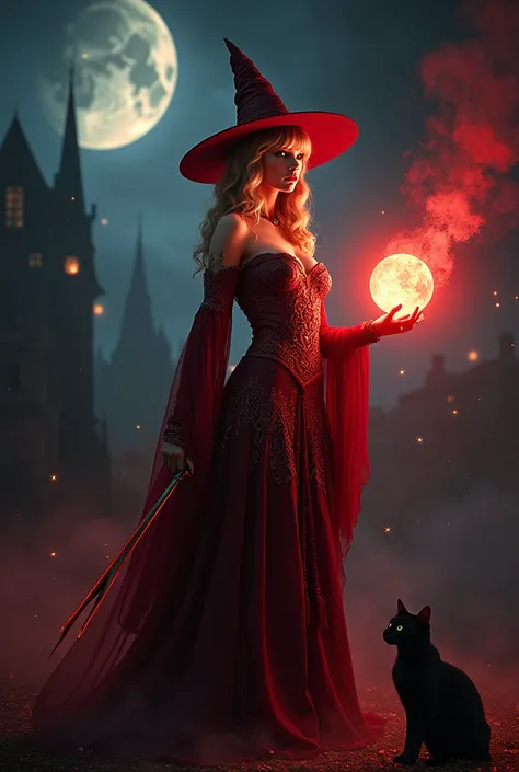 Realistic Taylor swift, witch, gown, long nails, number 13, magic wand, black cat nearby, night, crescent moon, fantasy, orb in hand, red aura, hat, stockings