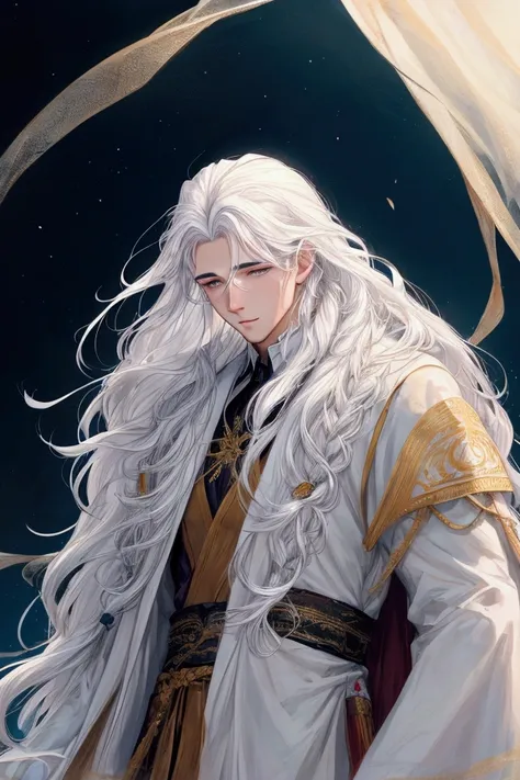 handsome young man with flowing white hair looking down