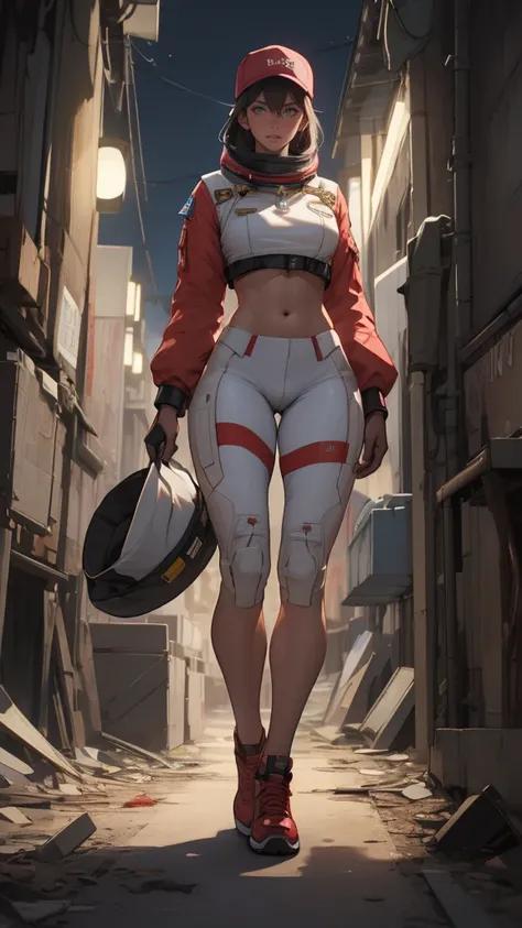 work of art, best qualityer, work of art, best qualityer, 1womanl, astronaut suit , Wear a hat , breasts big , abdomen , Legs long . , shoe , whole body , abandoned factory , at night