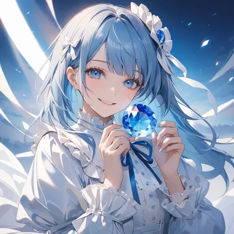 (digital art:0.2),(top-quality),(masterpiece),(1 girl),(solo),((girl holding the large blue jewel)),Delicately drawn face,girl with a pretty face,beautiful detailed blue eyes,white lolita fashion with blue ribbon decorations,((blue and white costume)),whit...