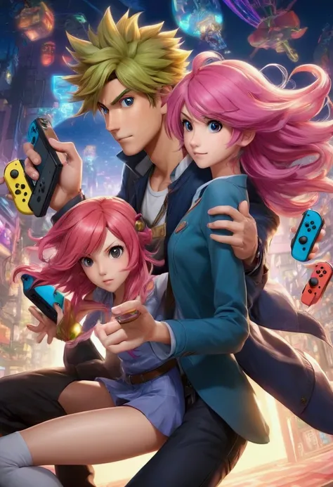 A moment of playful conflict between a couple. A girl, lost in a Nintendo Switch game, is teased by her boyfriend, a tall and striking figure with unique key-colored hair, as he reaches for the console. Anime