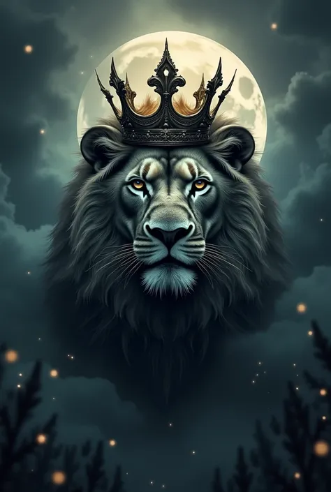 Lion head,crown,black,gold,moon,stormy fog,mystical touch,DARK mystic Background , Stars,little polar light touch,flash light stripes