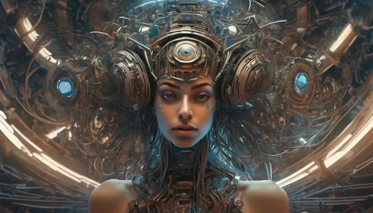 pakistani model woman (a closeup:.5)  a fisheye lens photo of a post apocalyptic tribal cyborg dj tweaking and playing synthesizers in the most complicated and technical spiral fractal musical studio, powerful, cinematic, beautifully lit, by donato giancol...