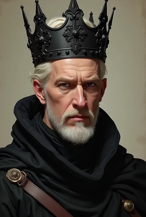 A man with platinum blonde hair, an imposing face, and no beard, wearing a fine black crown around his head, facing directly, Medieval art.