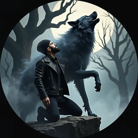 A hyper-realistic 3D-rendered circle logo featuring an Arabic man with a well-groomed beard, dressed in a black leather jacket, black jeans, and a black cap. The man kneels at the edge of a jagged cliff under a dark, starless sky, his head thrown back in a...