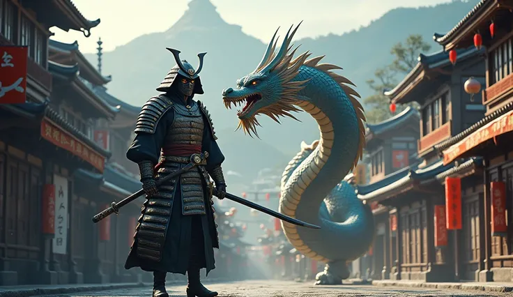 realisitic, 4K, samurai with a dragon, background an old Japanese city, very detailled
