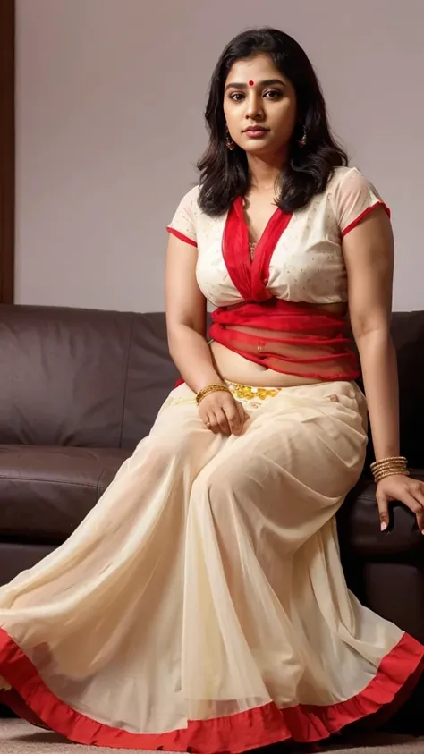 South Indian women, wearing red colour chiffon transparent shiny skirt and black chiffon shirt