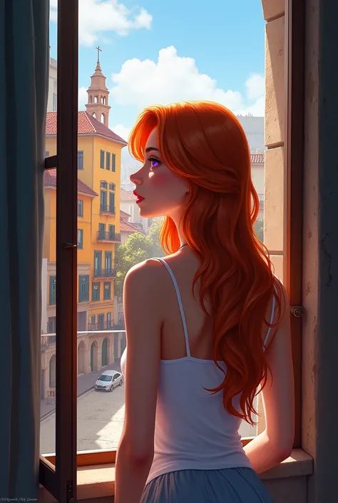 A young naked Spanish woman looking out a window from behind with long hair and a tank top, looking out the window at colorful Cordoba city buildings in what appears to be a lively urban setting. masterpiece, best quality, 1 girl, purple eyes, orange hair