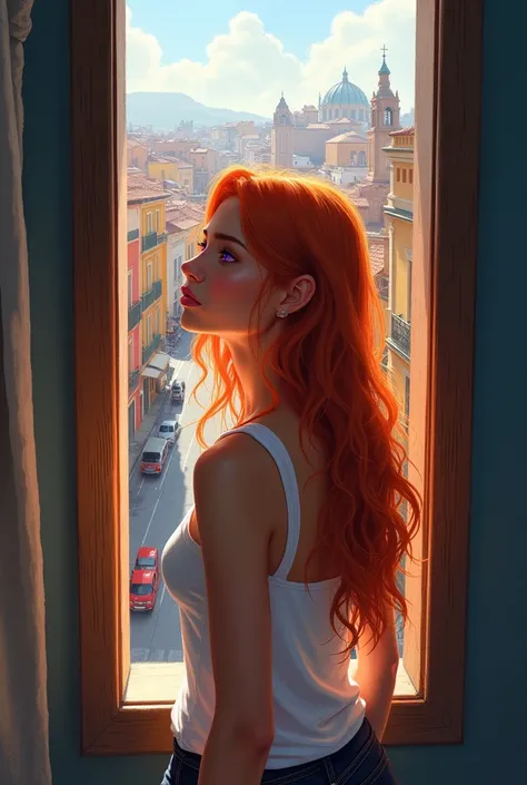 A young naked Spanish woman looking out a window from behind with long hair and a tank top, looking out the window at colorful Cordoba city buildings in what appears to be a lively urban setting. masterpiece, best quality, 1 girl, purple eyes, orange hair