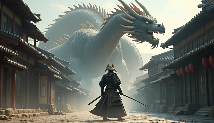 realisitic, 4K, samurai with a giant dragon, background an old Japanese city, very detailled
