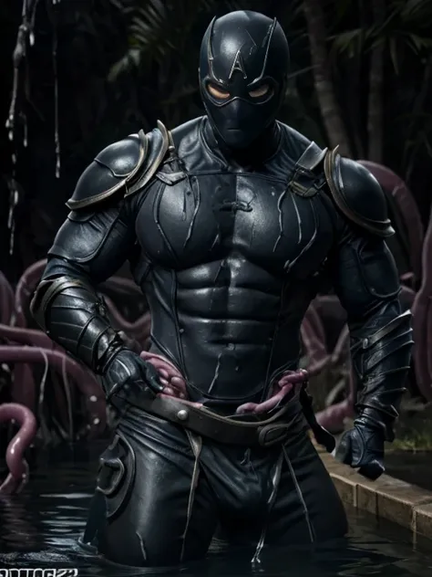 masked, superhero, hero, strong and robust male, armor, tentacle entanglement, uniform, binding hands togethe, foreign object in...