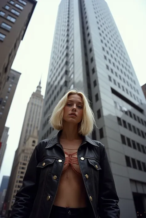 In the gritty streets of 1990 Manhattan, a street-style photograph captures the essence of grunge fashion embodied by a woman standing confidently in front of a sleek silver high-rise building. Her blonde hair, fashioned in the quintessential 90s bob, exud...