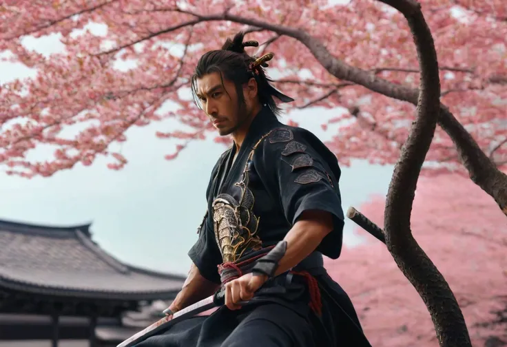 realisitic, 4k, samurai with a dragon, background an ancient japanese city and cherry blossom tree, very detailled