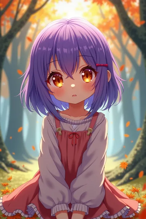 anime,small stature, , by the wide, purple hair, orange eyes, autumn forest background