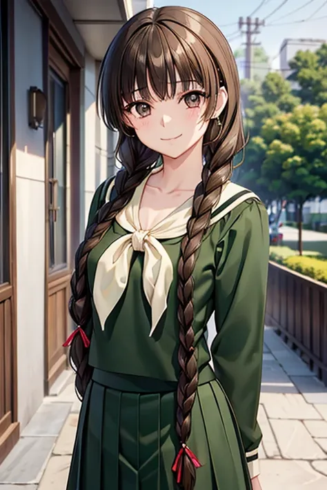 yuno shimazu、shiny brown hair,long hair,  、((2 braids:1.5、hair that falls over the shoulders)),beautiful brown eyes、sparkling ey...