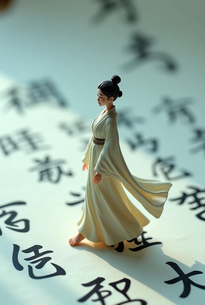 A miniature figure of an ancient Chinese Ancient style beauty wearing traditional Hanfu , walking on a white paper covered in minimalist calligraphy. Calligraphy is written around him, and the background adopts Japanese writing style. The high angle perspe...