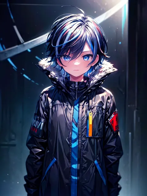 [(MOONLIGHT BACKGROUND:1.5),::5], ((((masterpiece)))), high quality, ultra very high resolution, full color, (((solo))), ((little boy)), BLACK hair, ((Blue streaked short hair)), (oriental deepblue eyes), anime, ((upper body)), Summer clothes, black parka,