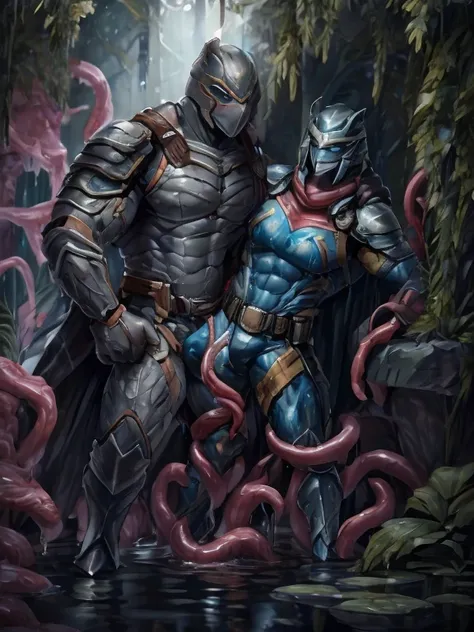 masked, superhero, hero, strong and robust male, armor, tentacle entanglement, uniform, binding hands togethe, foreign object in...