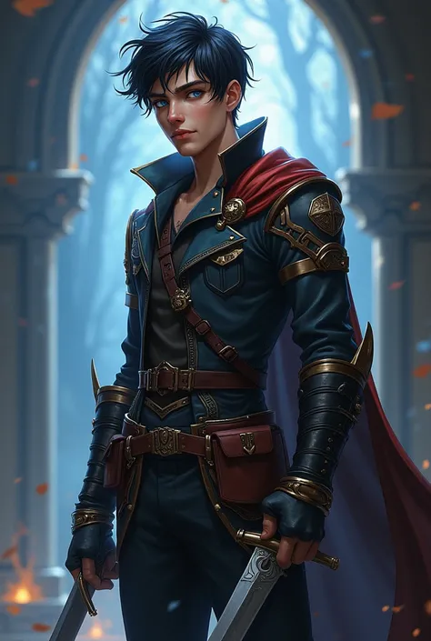 fantasy art style, handsome young male rogue. Standing with dagger in right hand smirking. Black short hair and blue eyes. Full body