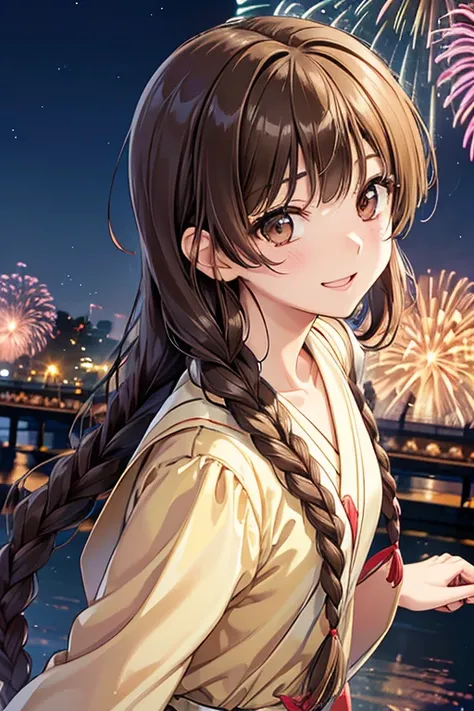 Yuno Shimazu、Shiny brown hair,Long Hair,  、((2 braids:1.5、Hair that falls over the shoulders)),Beautiful brown eyes、Sparkling eyes, Fine grain、smile、Ultra-detailed eyes、Highly detailed face, Highly detailed eyes,Cowboy Shot、

 
(masterpiece, Highest qualit...