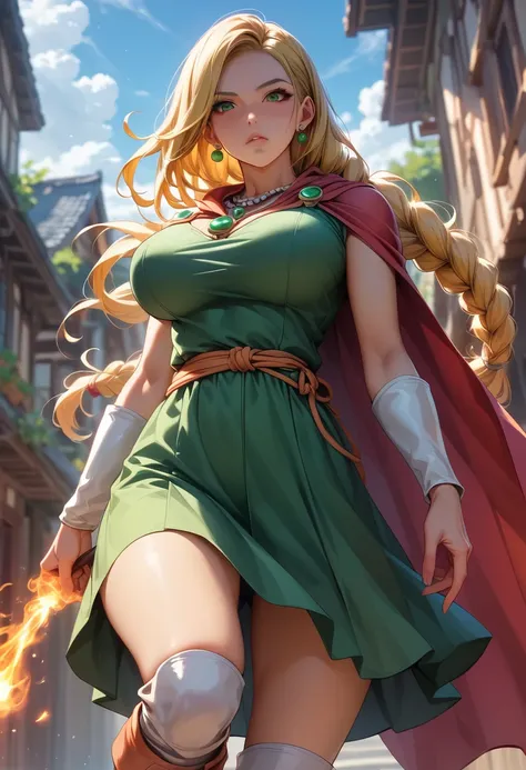 Perfect、Masterpiece、Professional illustrations、Perfect looks、Cinematic lighting、Detailed face, eyes and hair、Beauty、Alone、female、sauce_game、Bianca in Dragon Quest 5、Big Breasts、Large Breasts、Blonde、Long Hair、Braid、Emerald green dress、Orange Cape、boots、Silv...